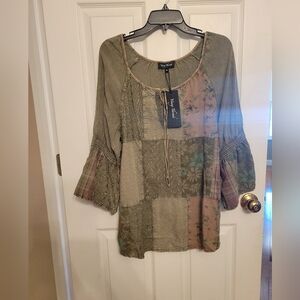 NWT Women's Patchwork Boho Top - Green and Brown